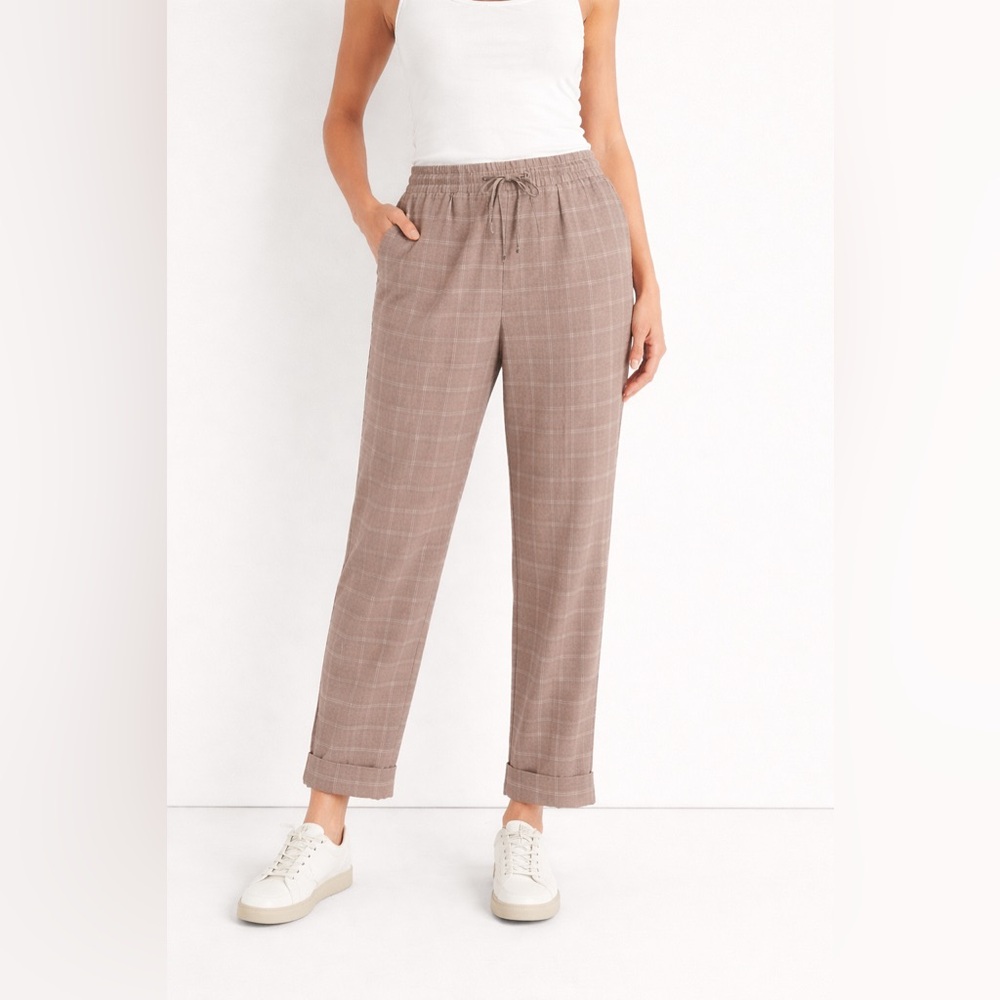 Ann Taylor Factory XL Windowpane Plaid Pull-On Pants Taupe Elastic Waist Pockets